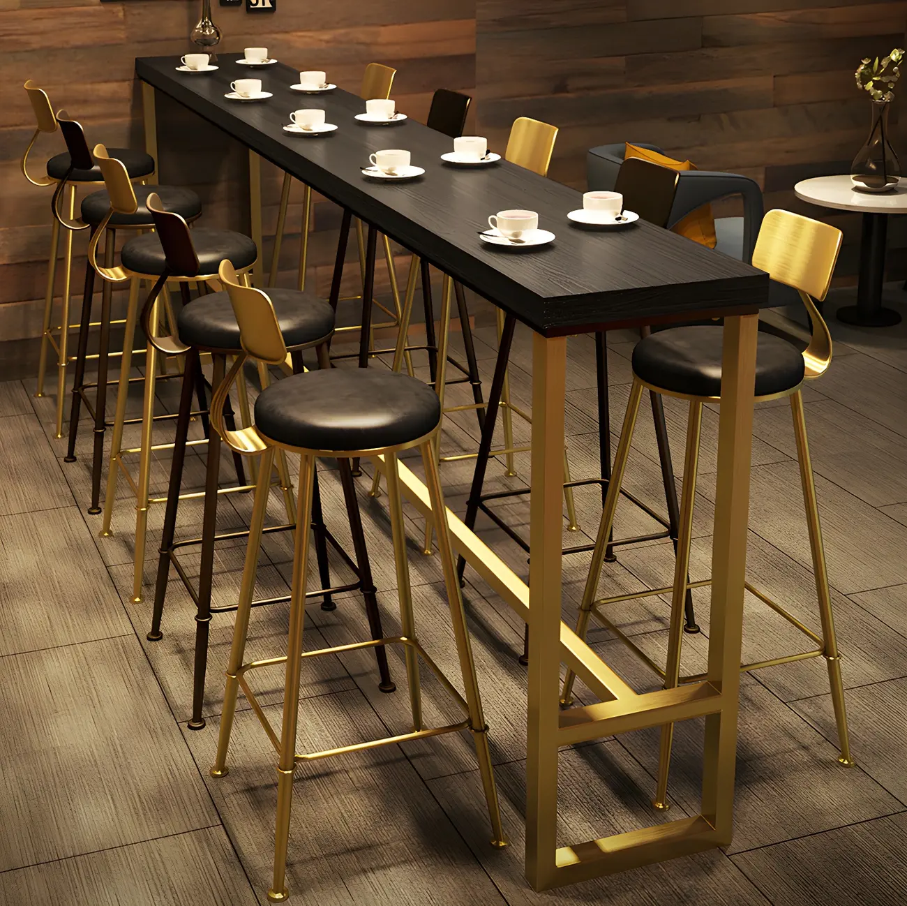 Black Gold Glam Metal Pine Wood Bar Tables with Footrest