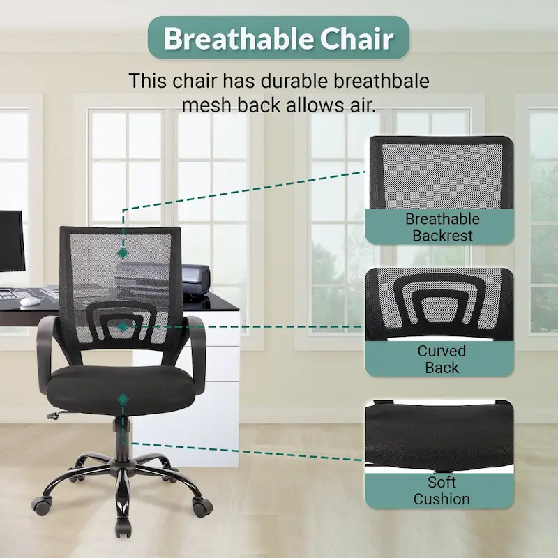 Ergonomic Swivel Office Chair, Black, Mesh Back, Adjustable Height, Seats 1