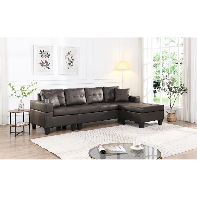 Brown 96.06 Modern L-Shaped 4 Seater Sectional Sofa with Chaise Lounge, Cup Holders, and Throw Pillows