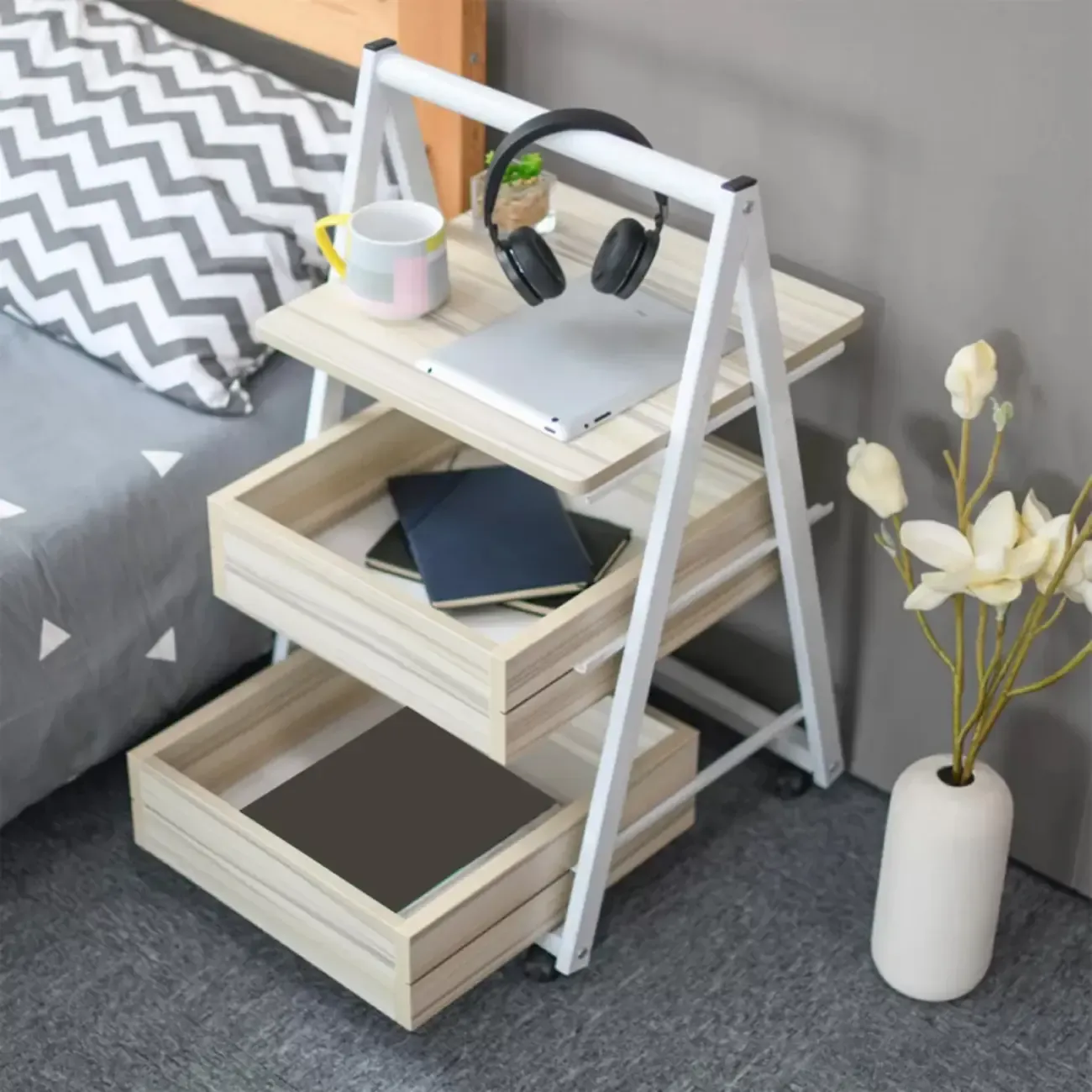 Modern Wooden Nightstand with Rolling Storage Shelves
