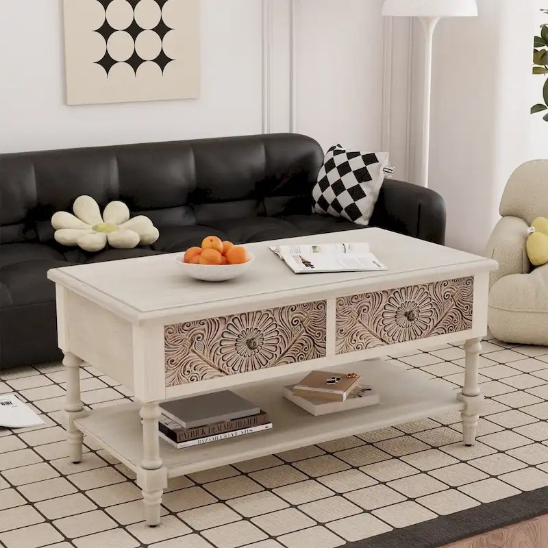 Rectangular Coffee Table, 2 Drawers & Open Shelf, MDF with Veneer, Flower Pattern, 39.2"W x 19.6"D x 19.6"H, 80 lbs