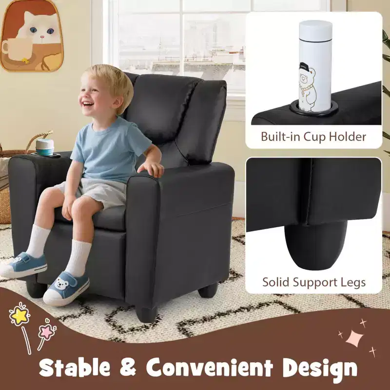 Kids Recliner Chair with Cup Holder – Beige / Black / Brown / Pink, Push-Back Style, 1-Seat