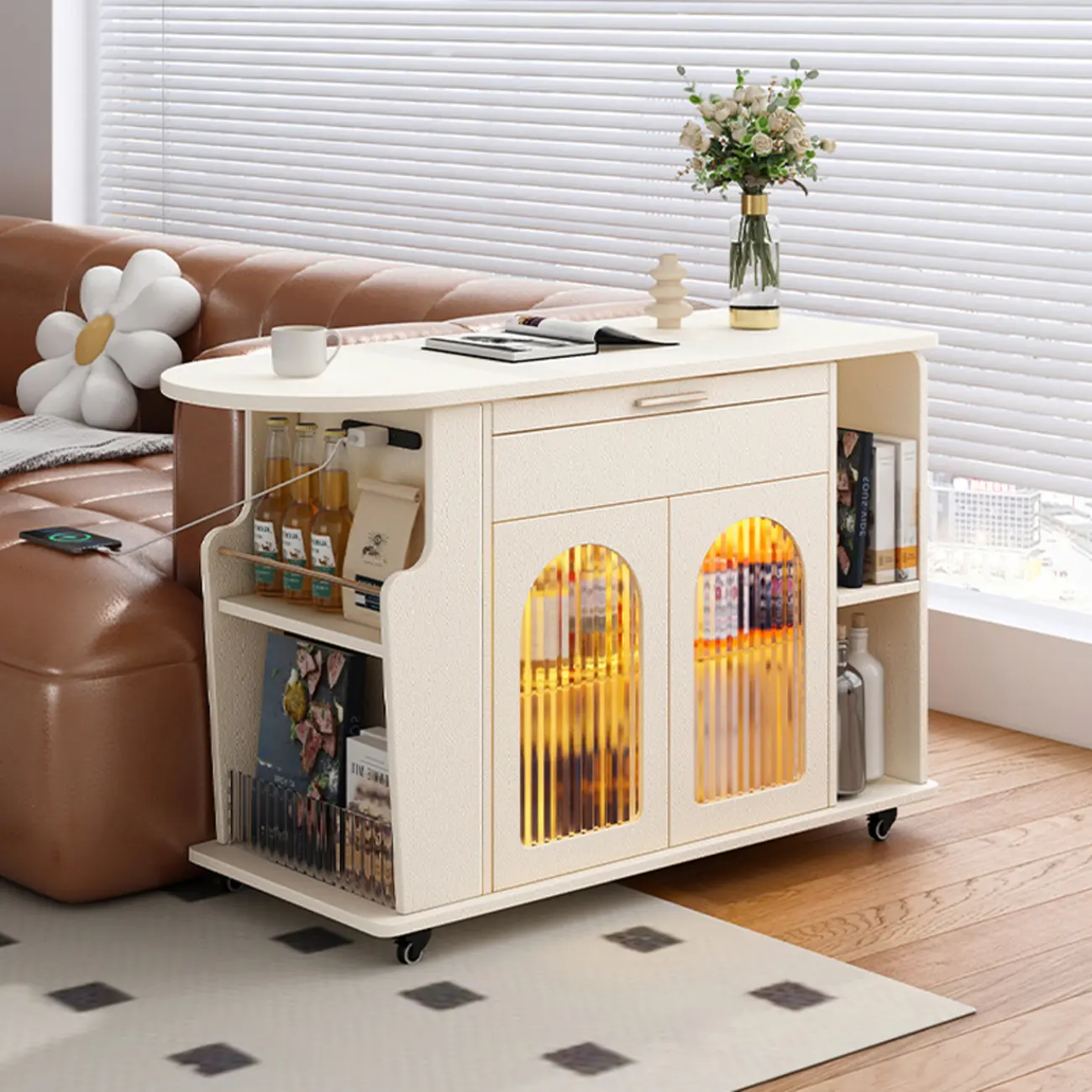 Adjustable White Wood Multi-Functional Side Table with Wheels