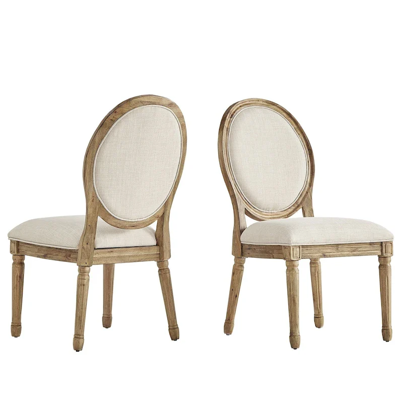 Round Linen and Wood Dining Chairs Set of 2, Artisan Style Upholstered Side Chairs