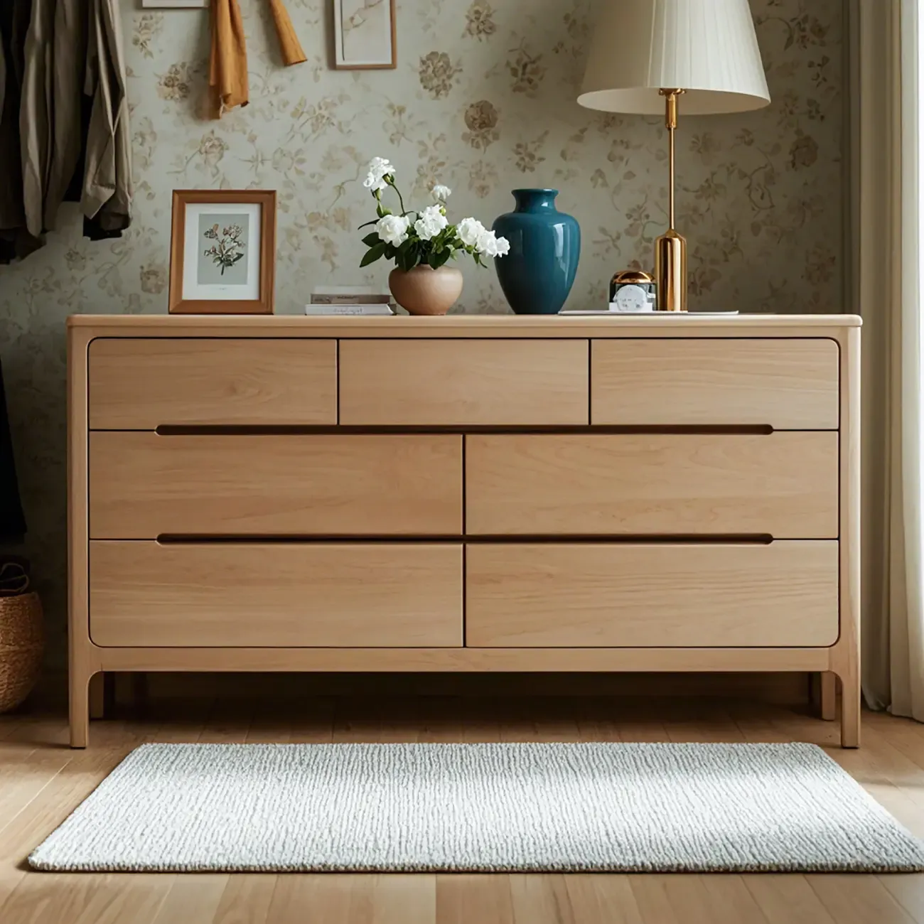 Traditional Natural Oak Wood Double Dresser for Bedroom