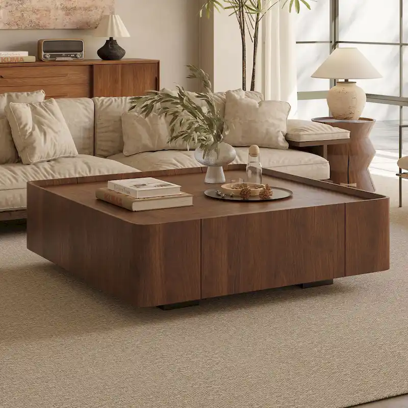 Mid-Century Modern Suqare Wood Finish Coffee Table with Drawers