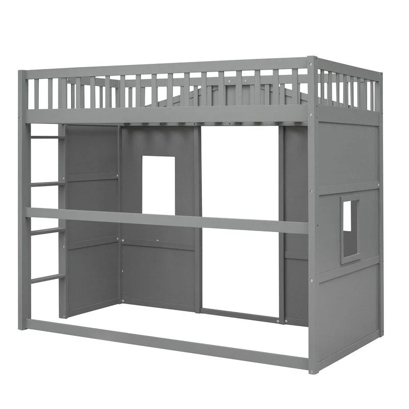House Loft Bed Twin Kids Playhouse Bed, Solid Wood Loft Bed Frame with Window and Ladder