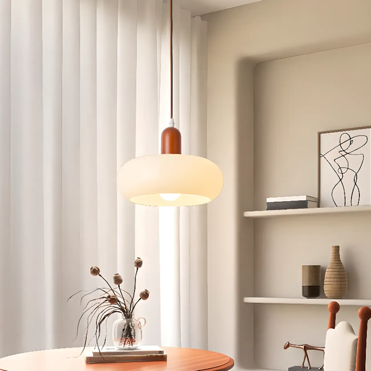 Modern White Glass Pendant Light with Solid Wood Accent