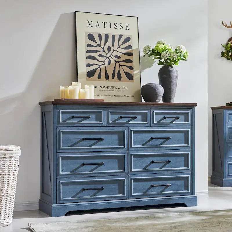9-Drawer Dresser, Farmhouse, Blue/Grey/Brown/Off White/Black, Engineered Wood