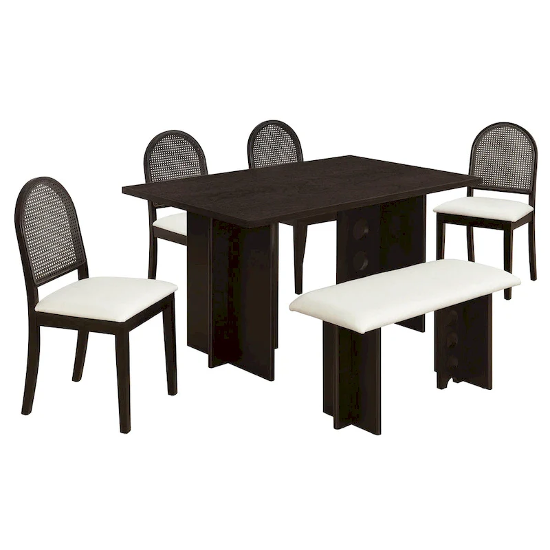 Modern Double Pedestal 6-Piece Dining Table Set with 4 Dining Chairs & 1 Bench