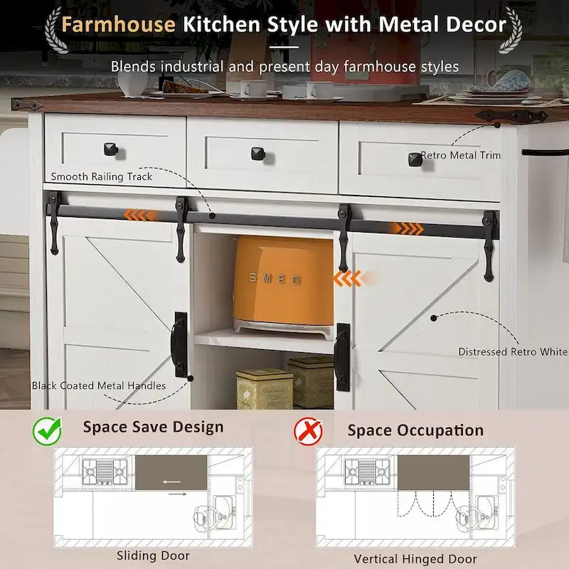 Farmhouse Kitchen Island Cart with Wheels, Power Outlet