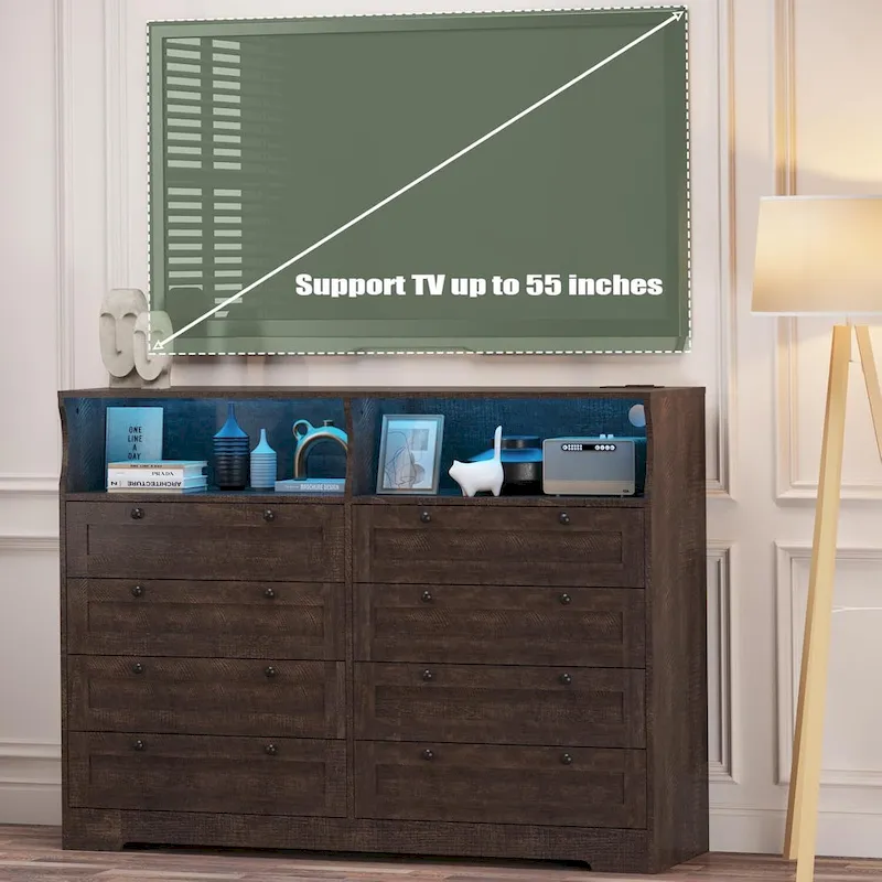 Modern Wood Dresser with 8 Drawers, Bedroom Dresser with Charging Station & LED Lights