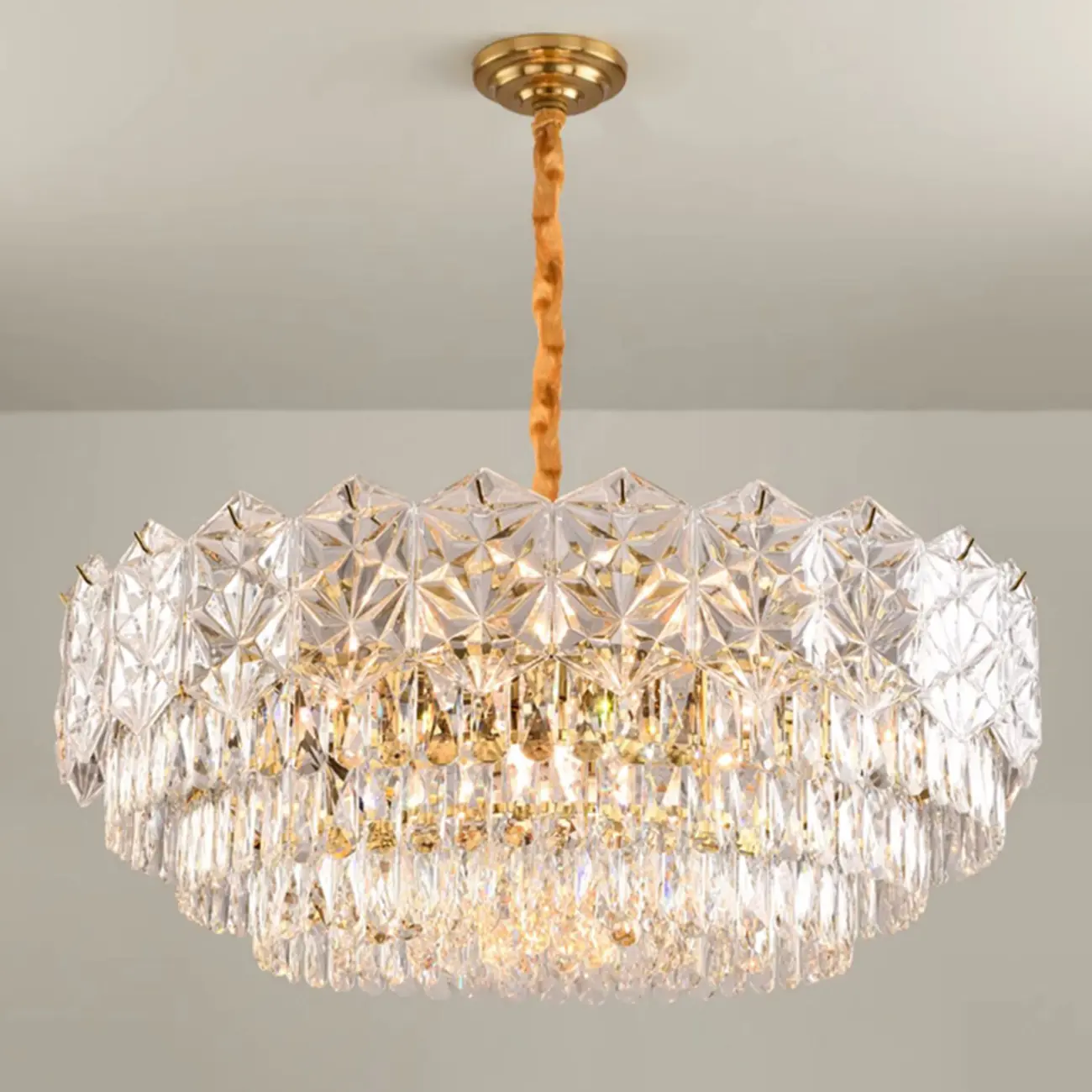 Modern Tier Gold Crystal Drum Chandelier Height Adjustable