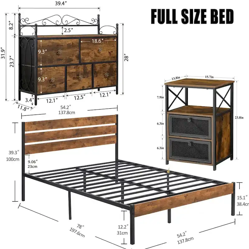 4-Pieces Bedroom Set with Drawer and Nightstands Set of 2, 5-Drawer Dresser, Brown/Grey Set