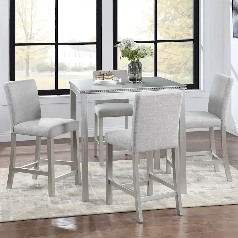 5 Piece Counter Height Table Set, Wooden Kitchen Table Set with Square Table and 4 Upholstered Chairs