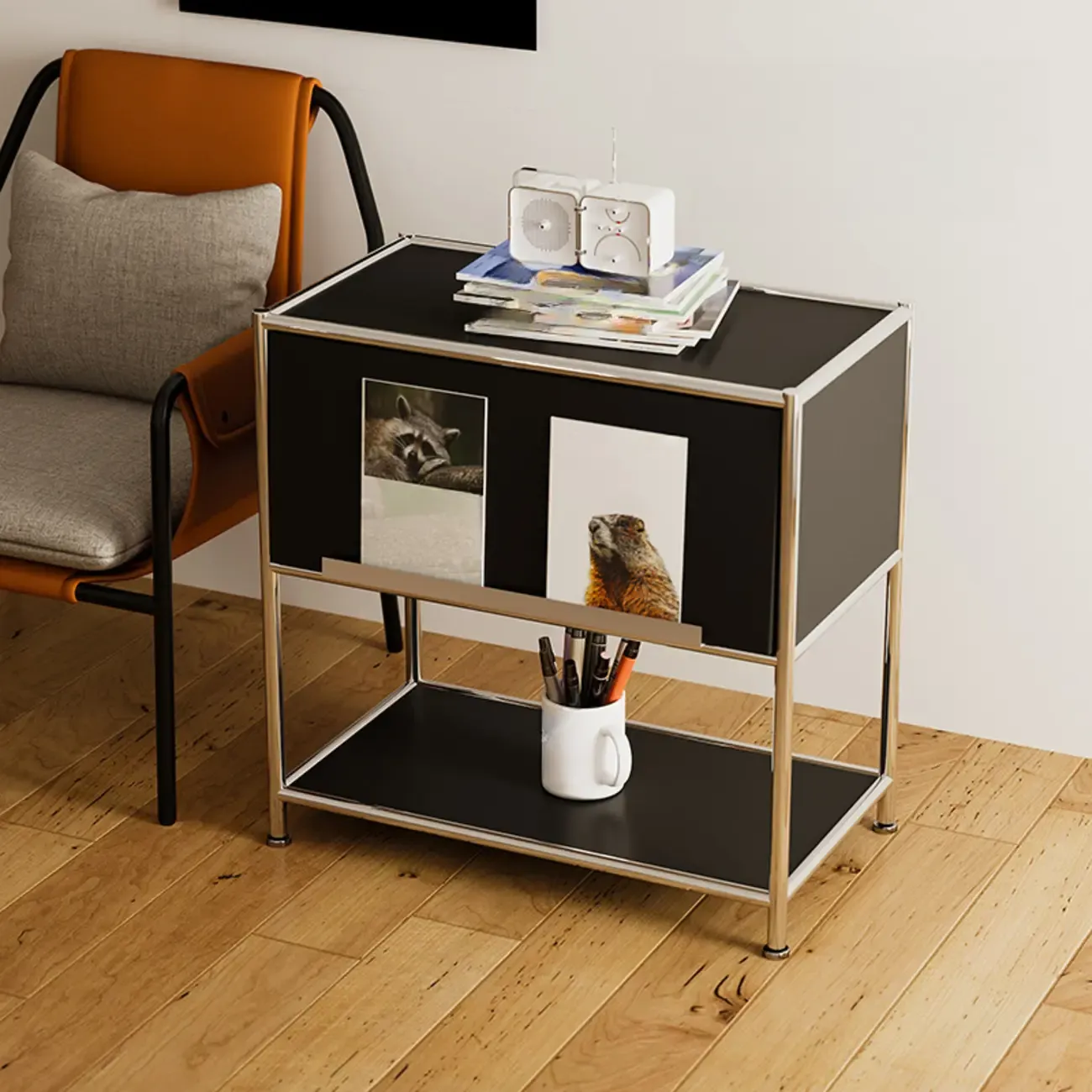 Modern Steel Nightstand with Drawer and Open Shelf