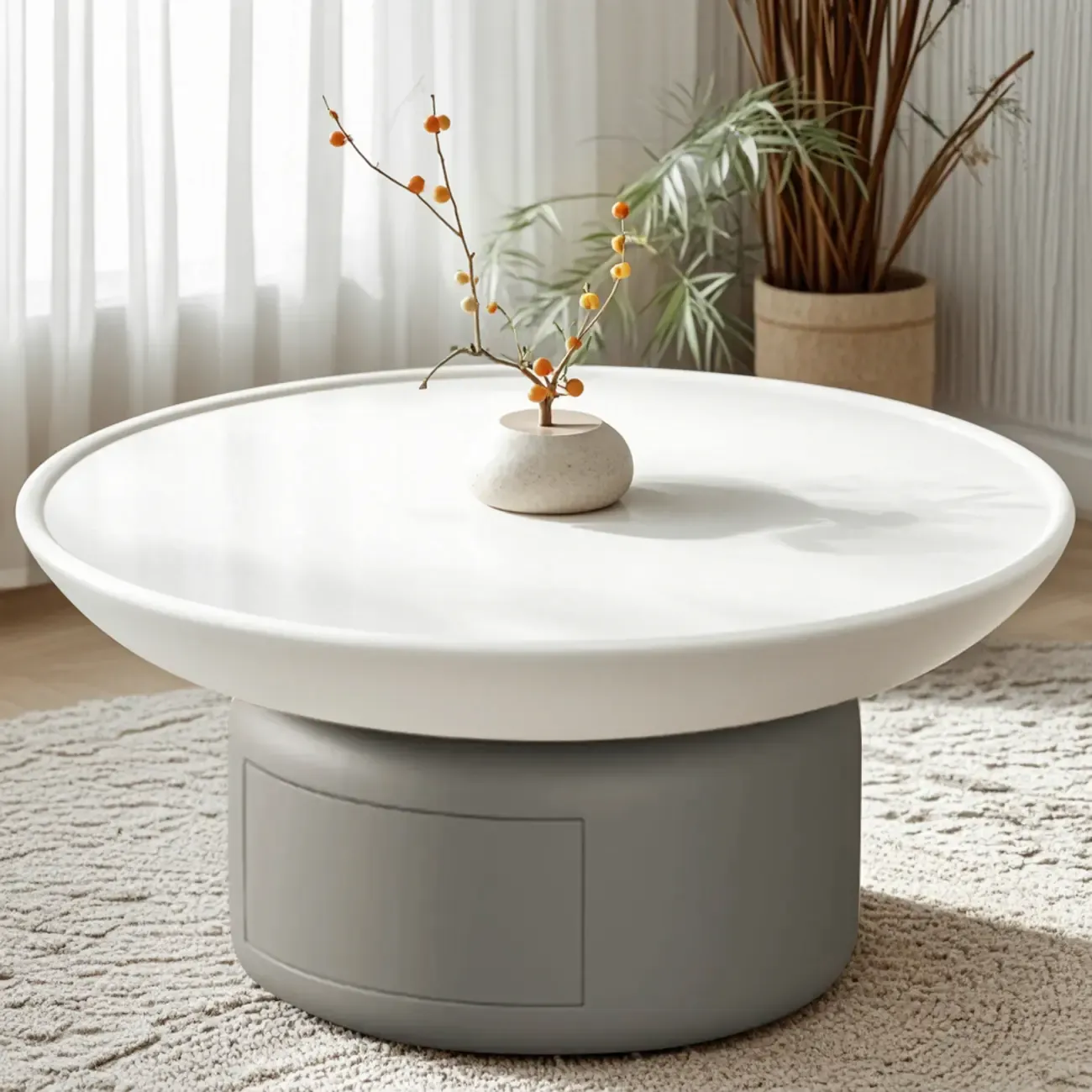 Gray White Round Minimal Wood Coffee Table with Drawer