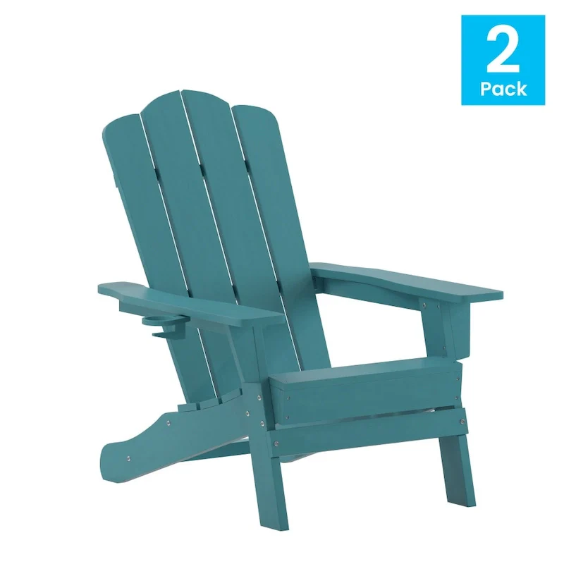 Set of 2 Commercial All-Weather Adirondack Chairs with Cupholders