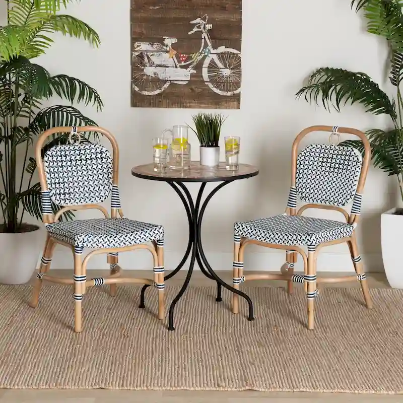 Luciana Modern French Blue and White Weaving Natural Rattan Bistro Chair