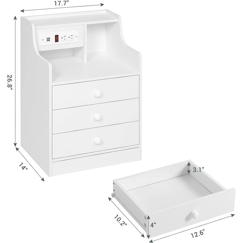 Nightstand 3 Drawers Charging Station End Side Table Bedroom