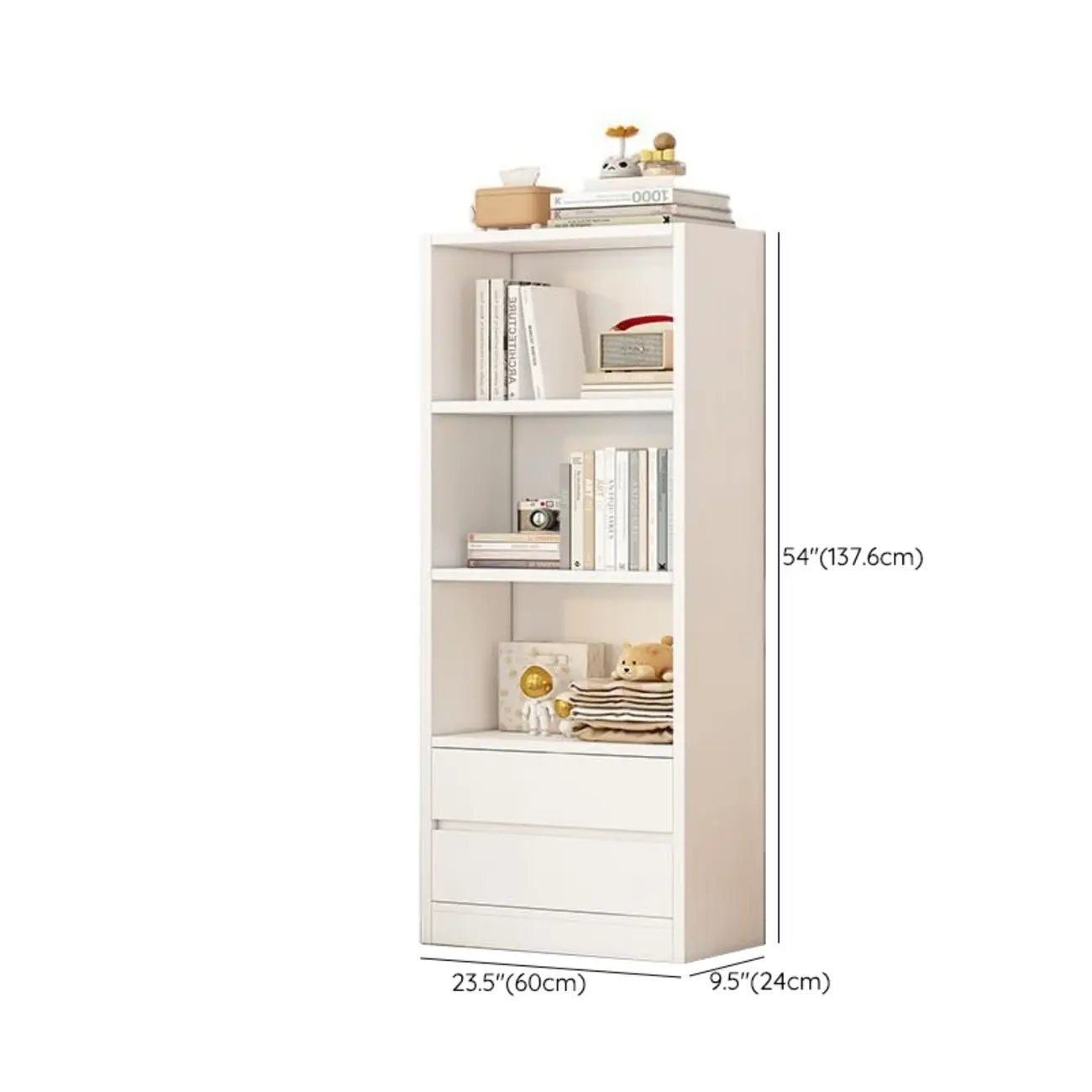 Simple Wooden White 3-Tier Bookcase with Drawers