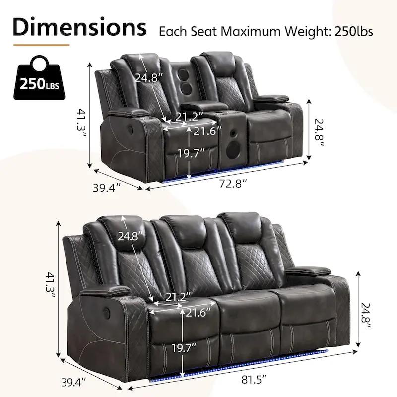 Power Reclining Sofa with Wireless Charger & LED Light – Faux Leather, Black