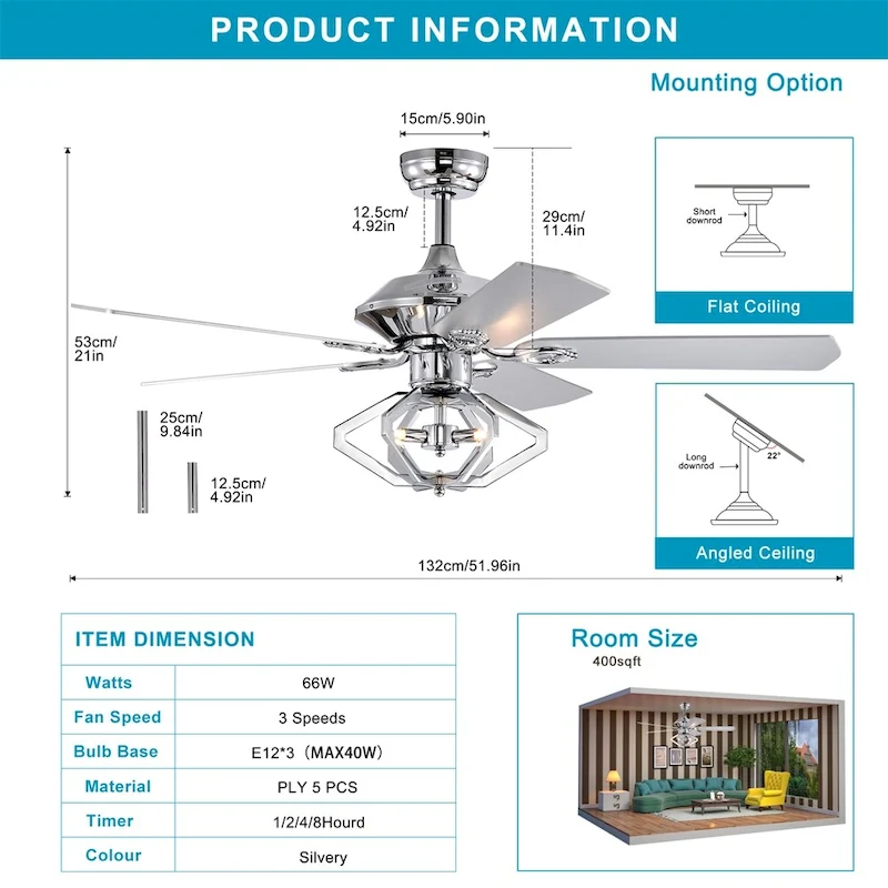 3 Speed Crystal Ceiling Fan with Remote and Reversible Blades