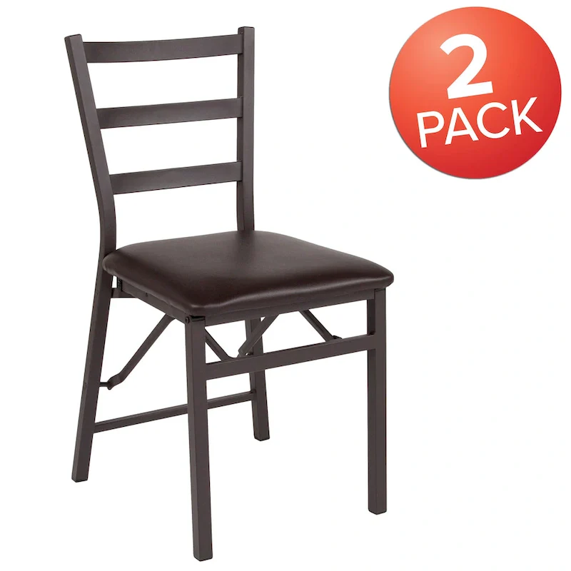 2 PK Brown Folding Ladder Back Metal Chair - Brown Vinyl Seat - Dining Furniture