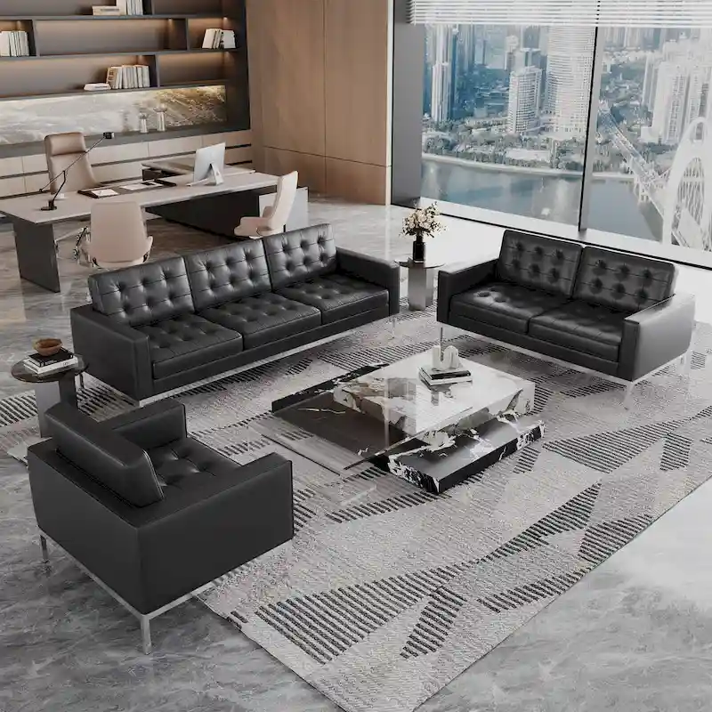 Black Leatherite Nailheads Florence 33-83W Multi-seat Sofa