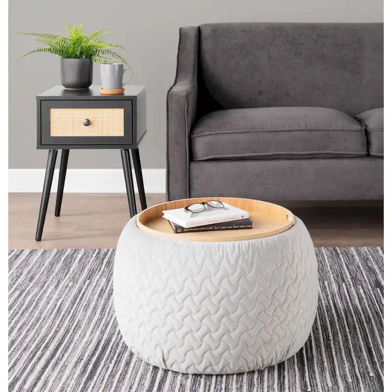 Carson Carrington Astrid Pouf with Natural Wood Tray Top