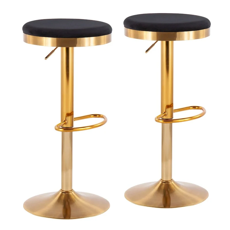 Gold Steel Barstool with Upholstered Seat - Set of 2 - Adjustable Height 23-31.75H