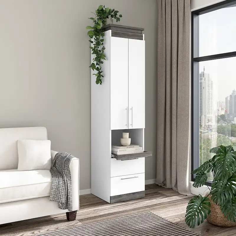 Narrow Storage Cabinet with Drawers and Pull-Out Shelf