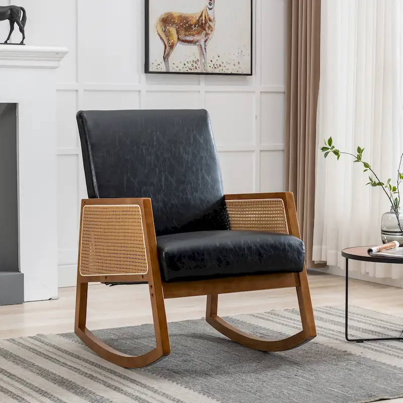 Modern PU Leather Rocking Chair with Rattan Arms