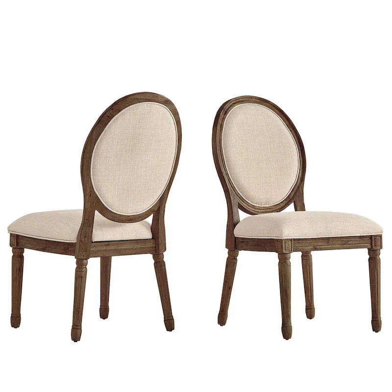 Round Linen and Wood Dining Chairs Set of 2, Artisan Style Upholstered Side Chairs