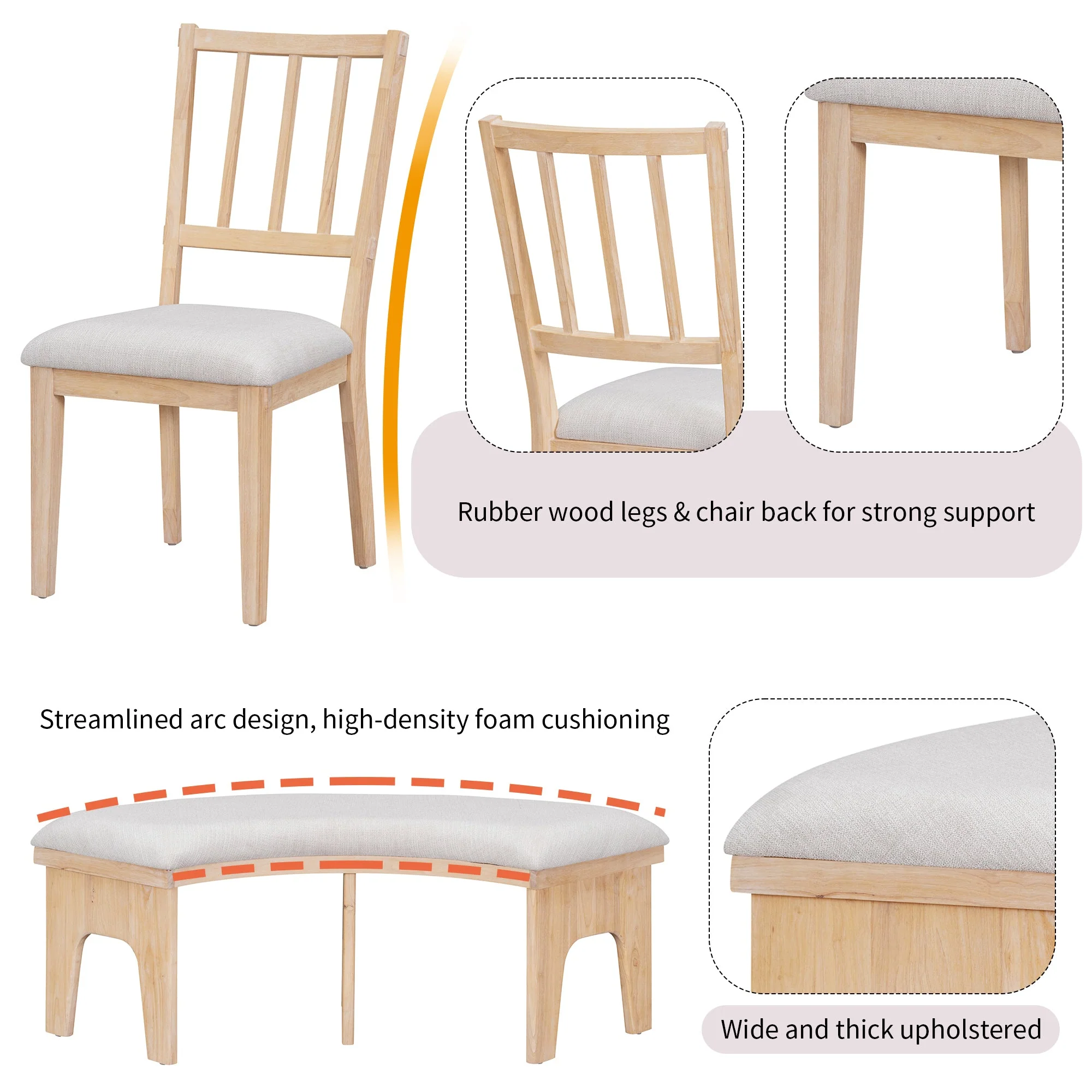 Walker Edison | Charming 5-Piece Rustic Round Dining Set with Chairs and Curved Bench