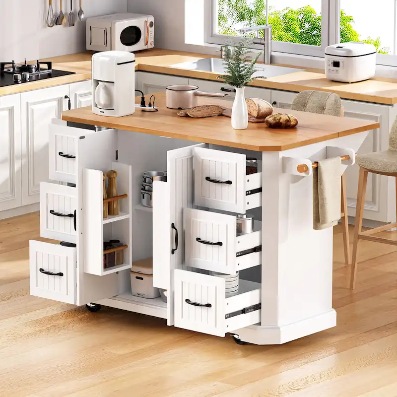 56  Kitchen Island With Drop Leaf, Rolling Kitchen Cart On Wheels, Rolling Kitchen Table with Drawers