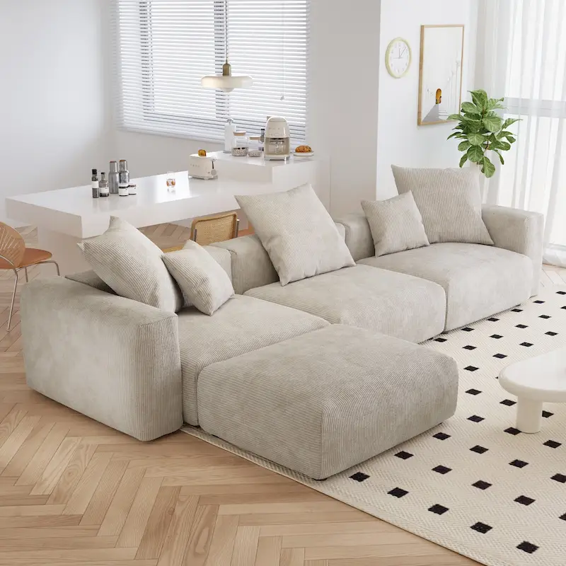 L Shaped Modern Sectional Couch Sofa with 5 Pillows and Chaise Ottoman, Cushion Covers Removable