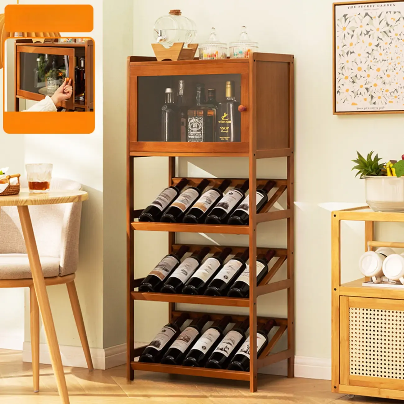 Rustic Freestanding Natural Wooden Wine Rack Cabinet