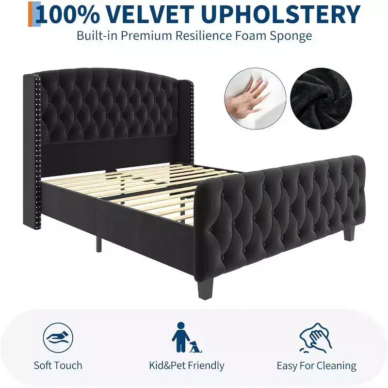 Acekool 51 Cream Velvet Queen Bed Frame - Wingback Headboard, Deep Button Tufting, No Box Spring Needed, Easy Assembly