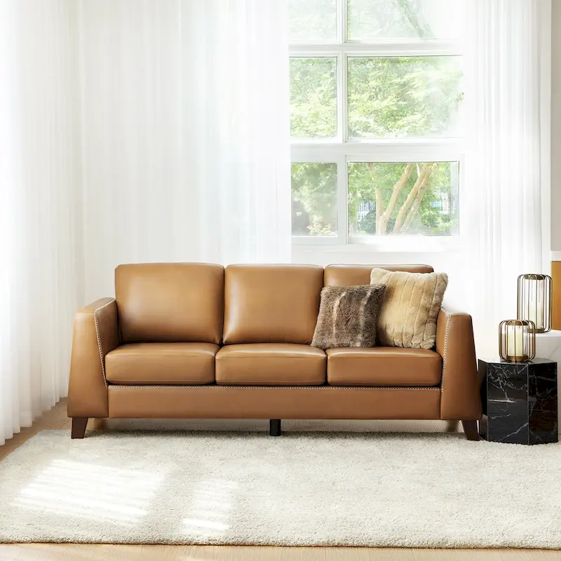 Rita 81.5 Genuine Leather Tuxedo Arm Sofa Couch With Solid Wood Legs By HULALA HOME