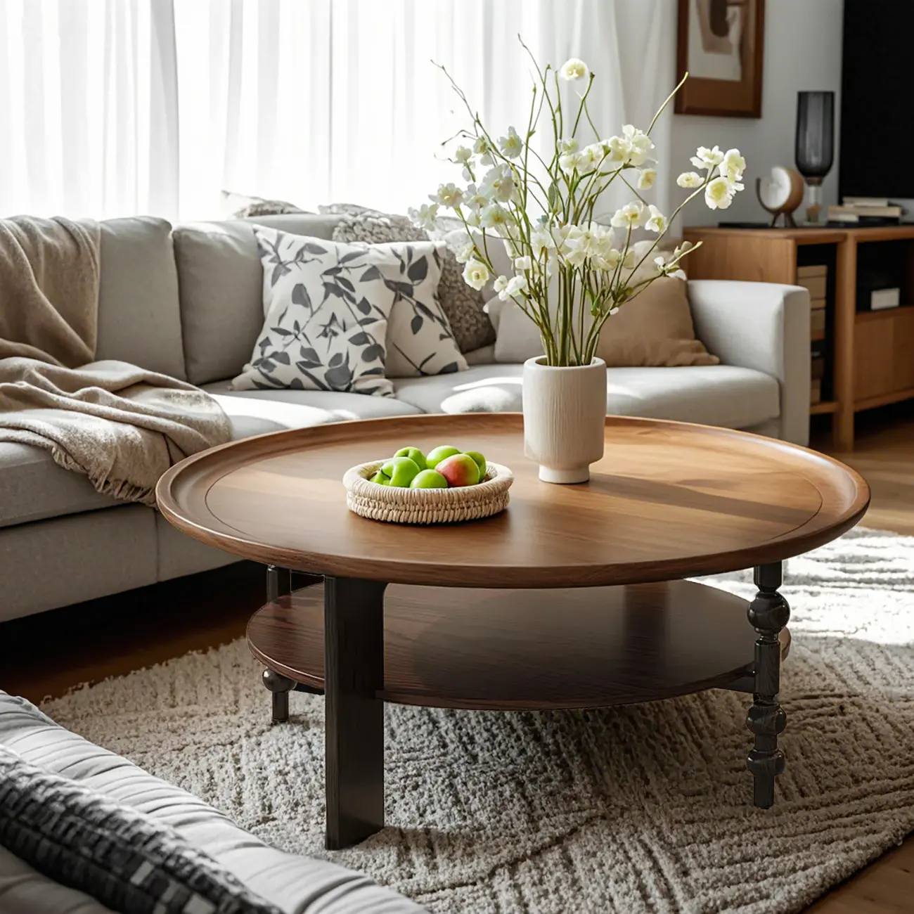 Vintage Wooden Round Coffee Table with Shelf & Tray Top