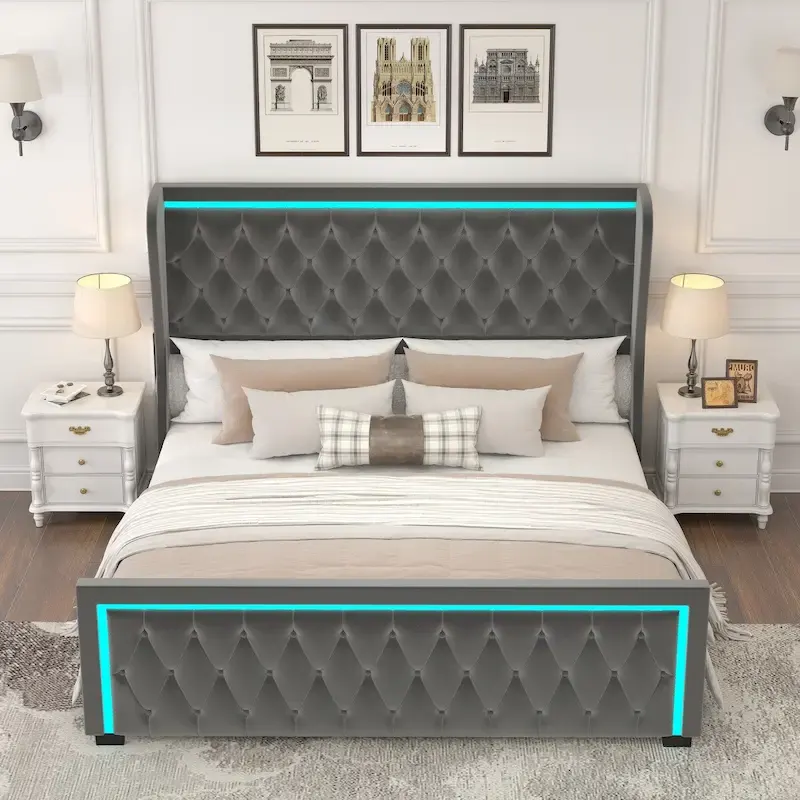 Queen Platform Bed Frame with High Headboard, Velvet Upholstered Bed with Adjustable Colorful LED Light Decorative Headboard