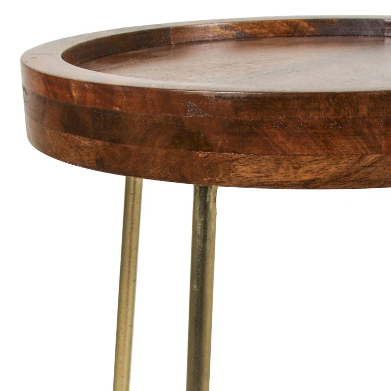 Gold Iron And Natural Wood Round Accent Table by