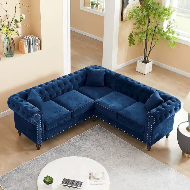 Deep Button Rolled Arm Classic Chesterfield L Shaped Sectional Sofa