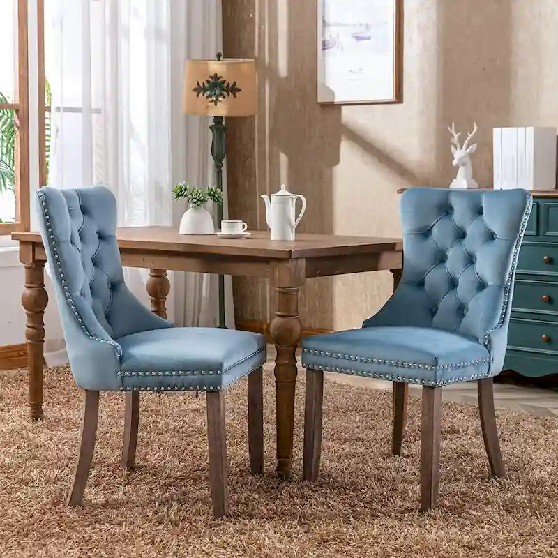 Dining Chairs Set of 2, Upholstered Accent Chair Button Tufted Armless Chair with Back Ring Pull and Nailhead Trim