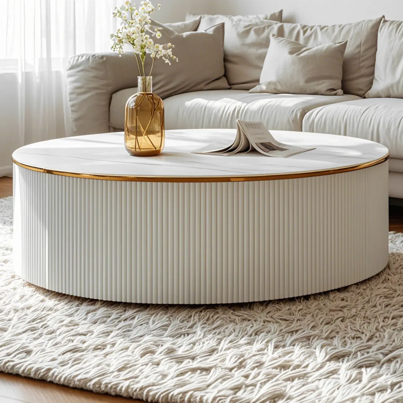 White Round Wood Lift-Top Drawer Coffee Table