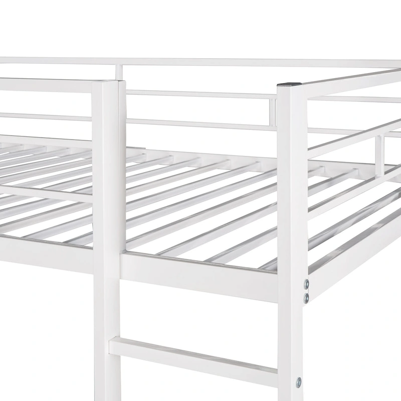 White Twin Metal Loft Bed with Ladder, Fence & Desk
