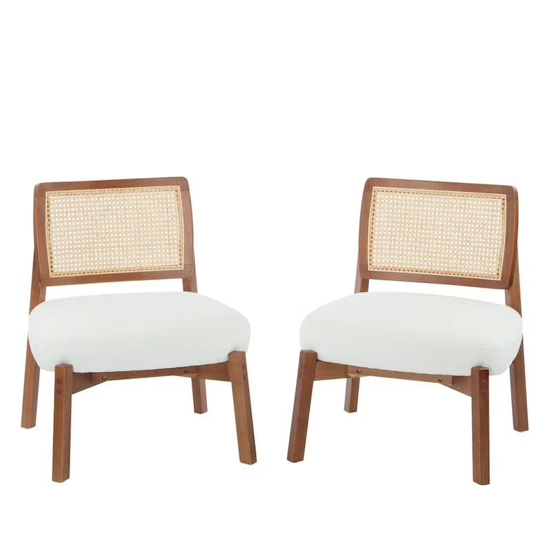 '-Alma (Set of 2) Modern Beige Lounge Chair with Woven Backrest, Sturdy Wooden Frame