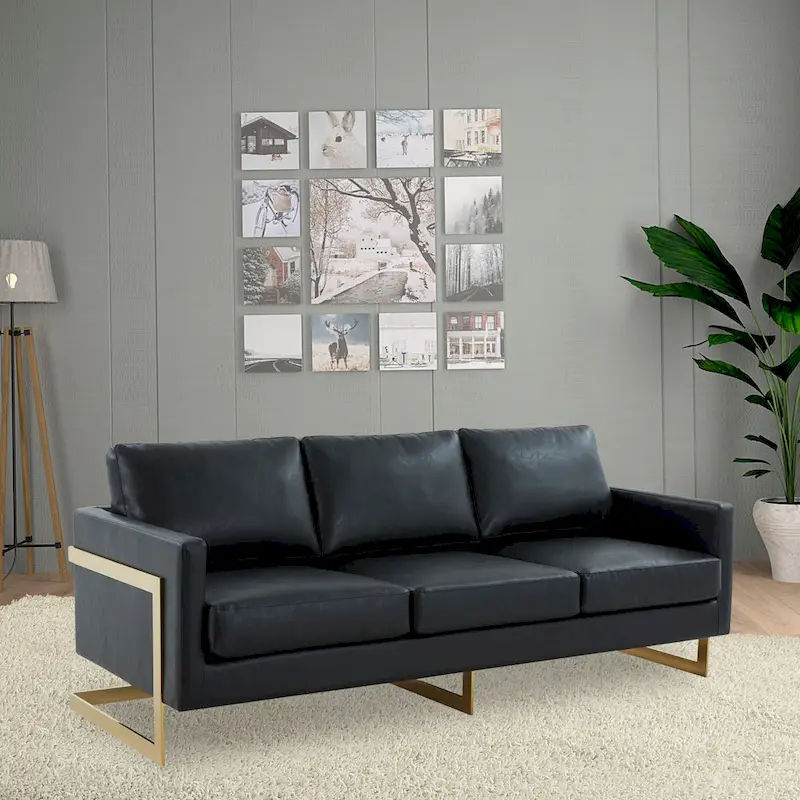 LeisureMod Lincoln Modern Upholstered Leather Sofa with Gold Frame - 83