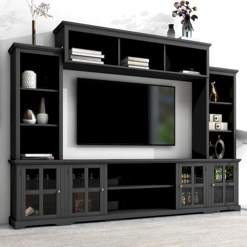 Black Entertainment Wall Unit with Bridge and Glass Door TV Console for TVs Up to 70